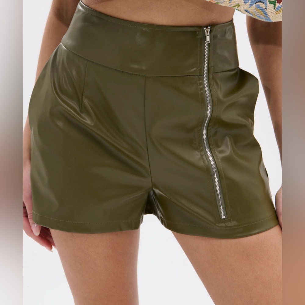 Olive High-Waist Faux Leather Zip Front Shorts
